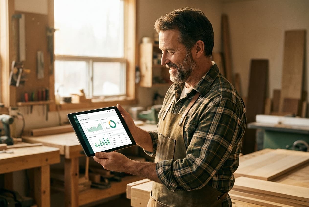 Un entrepreneur consulte son tableau de bord dans son atelier
