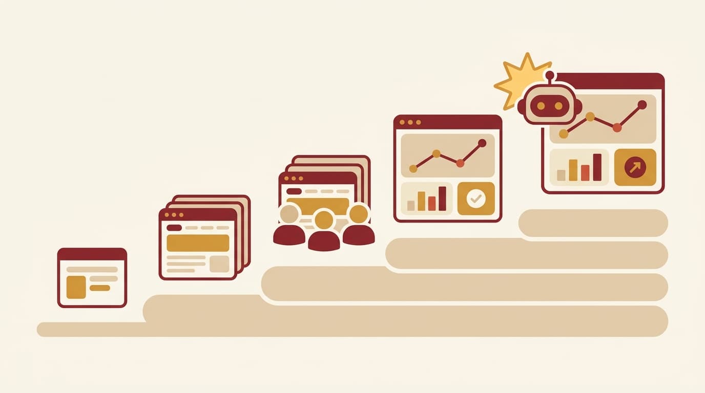 Illustration : un site web qui évolue en cinq niveaux, du one-pager à l'IA