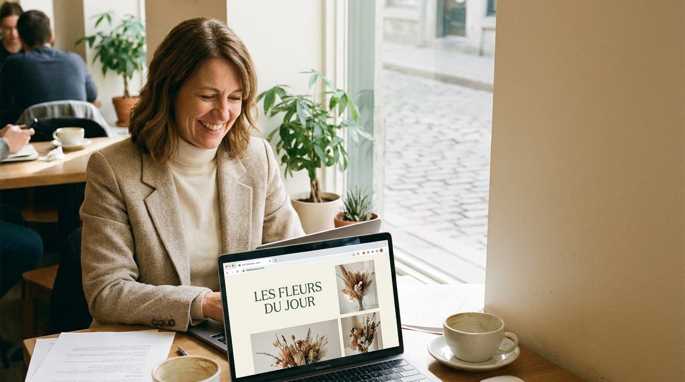Une entrepreneure consulte le site web de son entreprise dans un café
